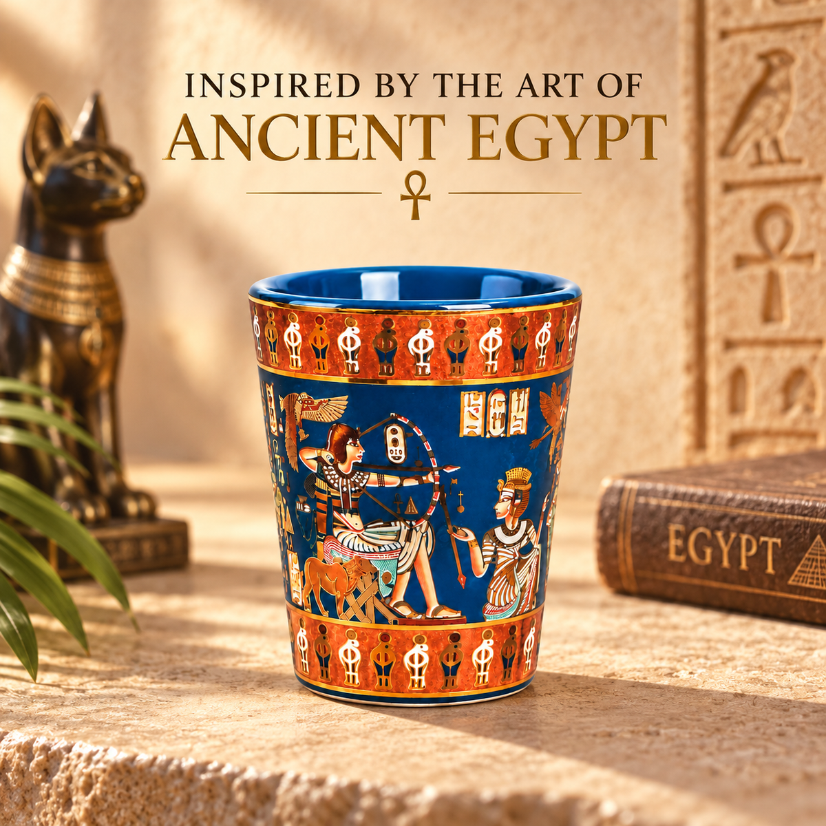 An ancient Egyptian-inspired ceramic cup with a deep blue interior and a detailed orange, gold, and white hieroglyphic design, displayed on a stone surface with thematic props including a sphinx figurine, a book, and a stone carving.