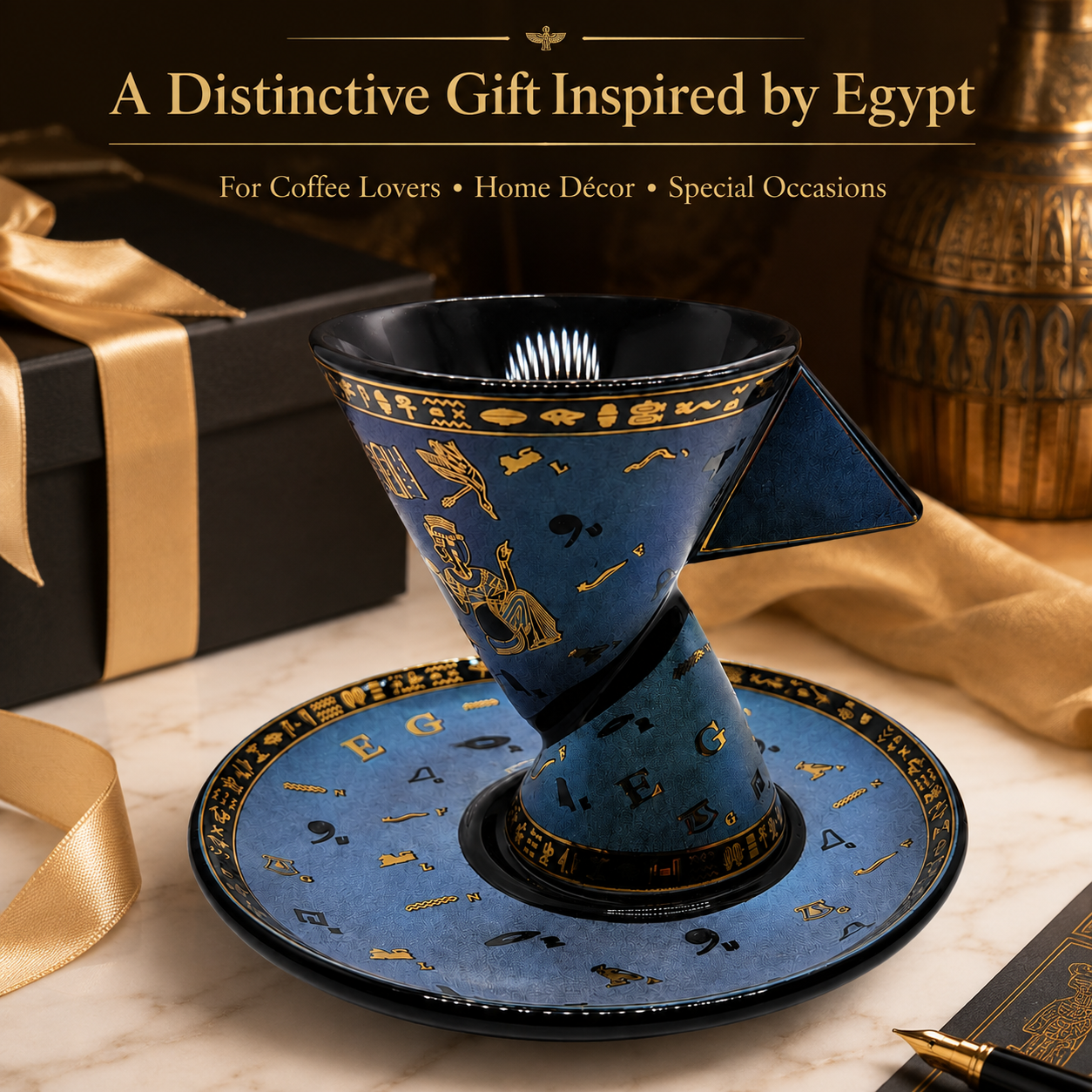 A blue and gold ceramic coffee cone shaped cup with a matching saucer, styled on a marble surface with a gift box, ribbon, and decorative bottle in the background. Text at the top reads 'A Distinctive Gift Inspired by Egypt'.