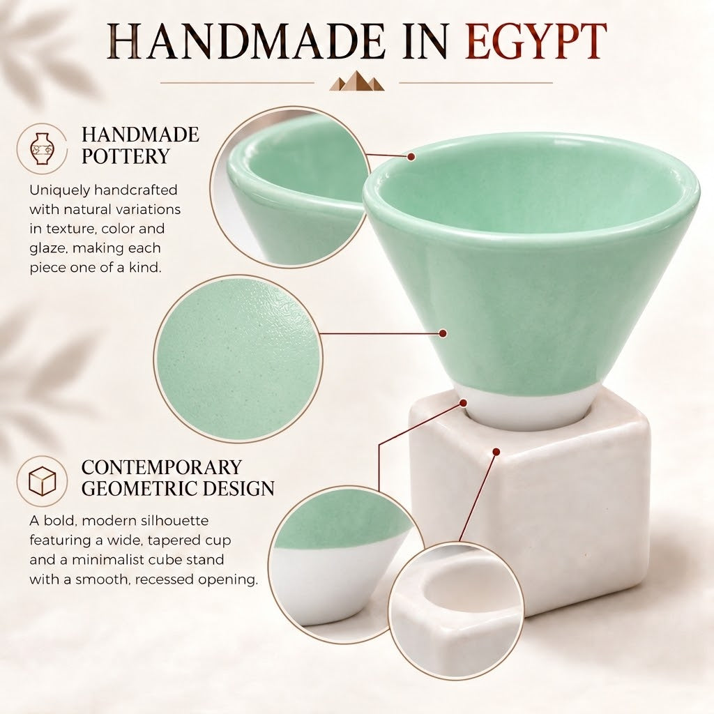Handmade Egyptian Pottery Coffee Cup with Cube Stand – 110 ml - Mint Green & White