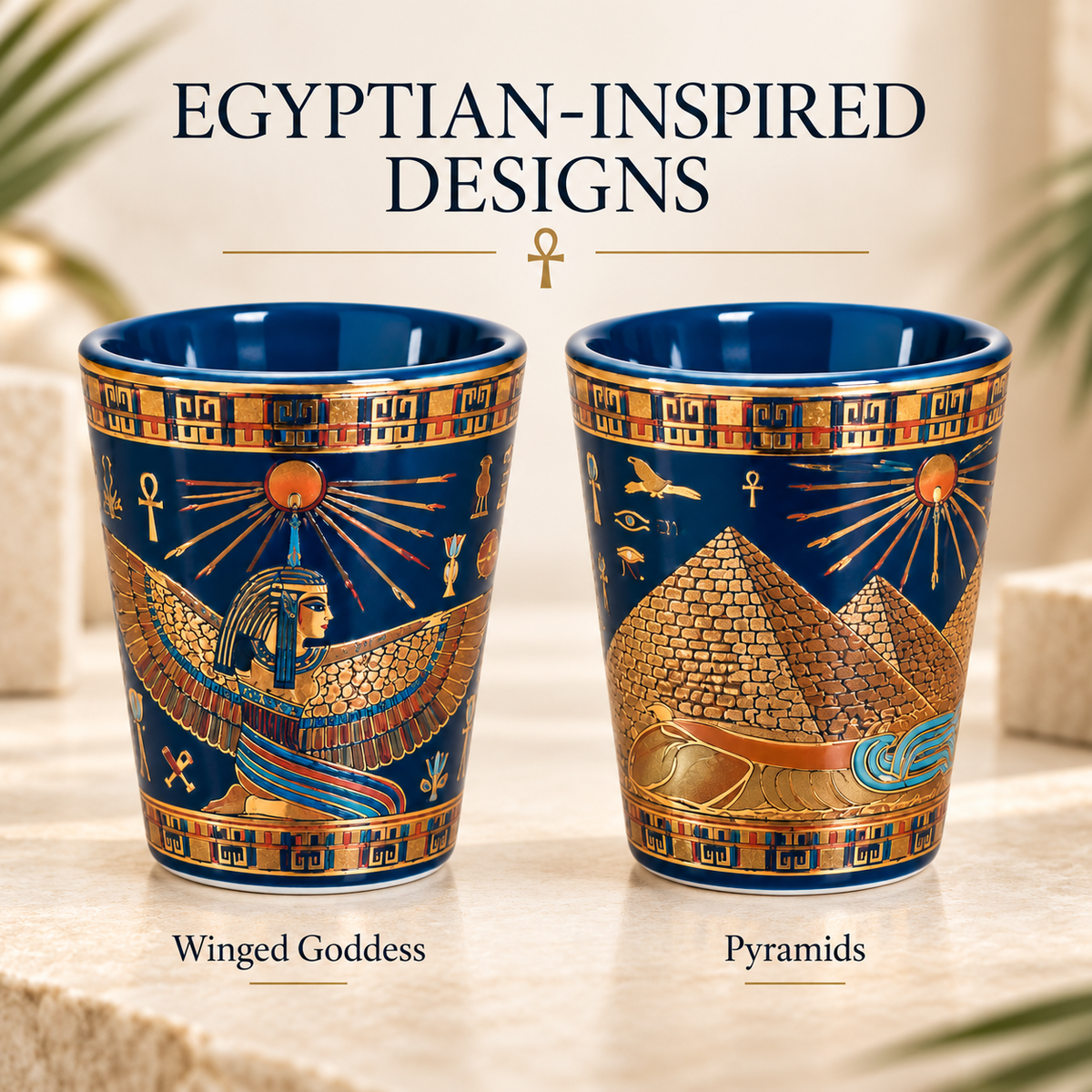 Two decorative cups with an Egyptian-inspired design, labeled 'Winged Goddess' and 'Pyramids', shown on a light stone surface with a soft beige background and text at the top reading 'EGYPTIAN-INSPIRED DESIGNS'.