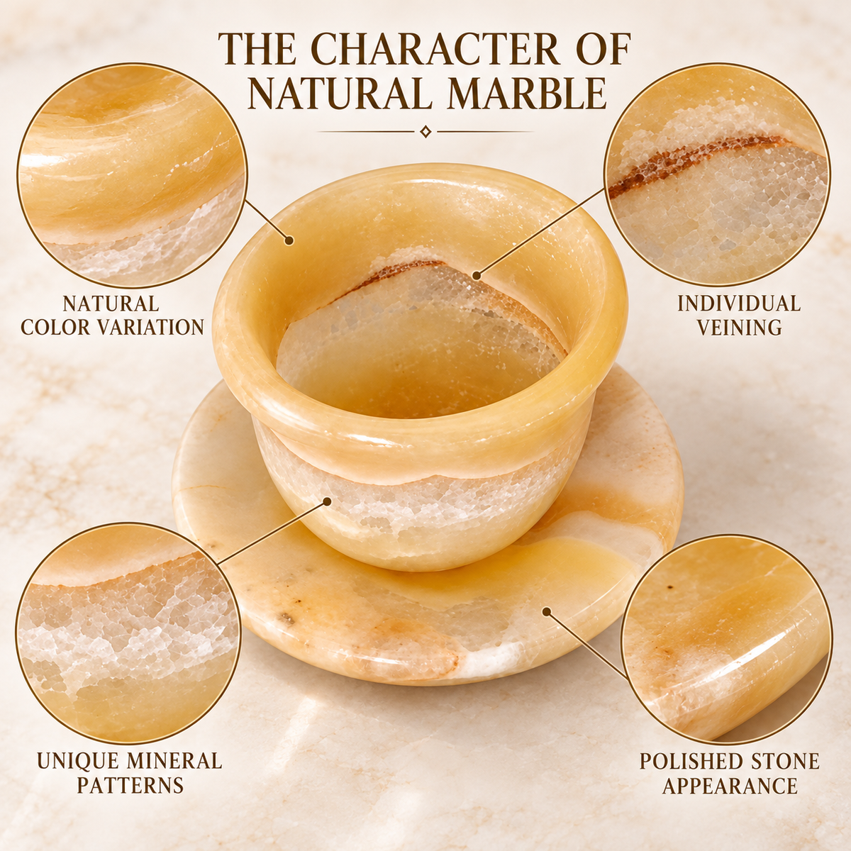 A polished natural marble cup and saucer set on a marble surface, with the text 'THE CHARACTER OF NATURAL MARBLE' and four circular callout windows highlighting natural color variation, individual veining, unique mineral patterns, and polished stone appearance.