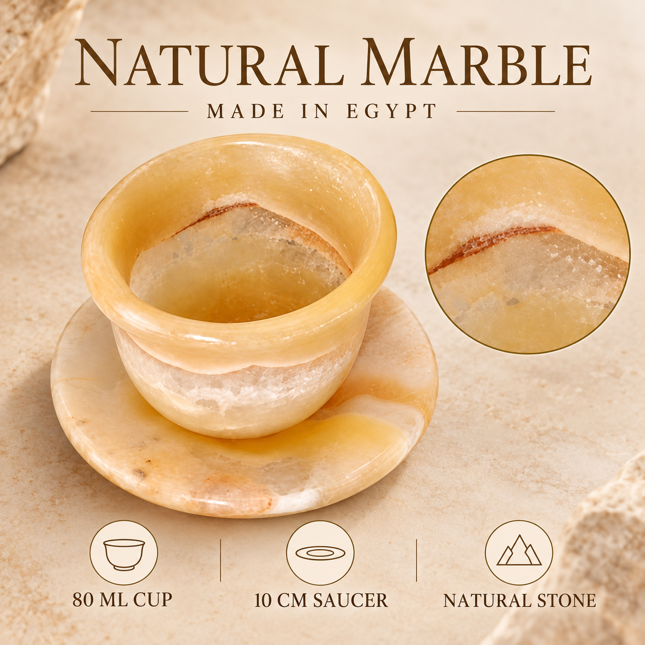 Natural marble cup and saucer set on a textured stone surface, with text reading 'NATURAL MARBLE MADE IN EGYPT,' a circular inset showing a close-up of the stone texture, and icons noting 80 ML CUP, 10 CM SAUCER, and NATURAL STONE.