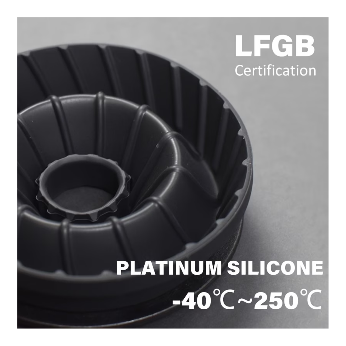 Black silicone mold with LFGB certification and temperature range information on a gray background