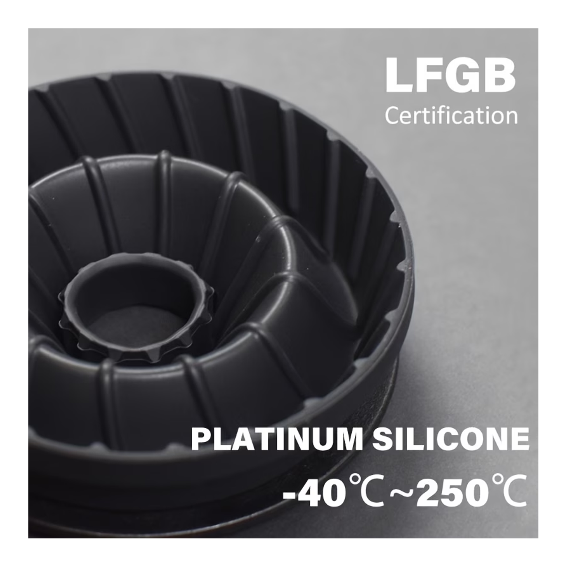 Black silicone mold with LFGB certification and temperature range information on a gray background