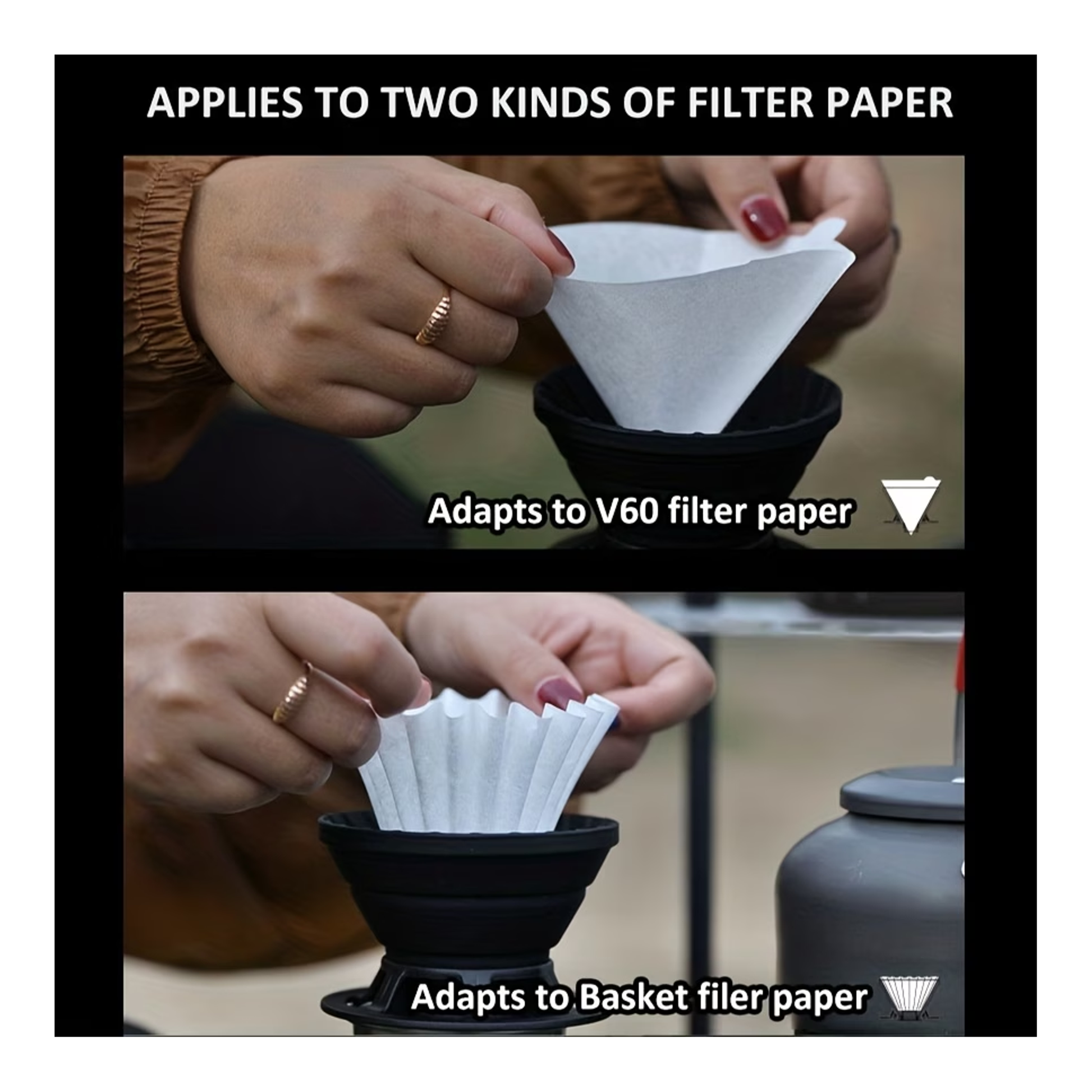 Person using a black filter holder with white filter paper, adapting to V60 and basket filter papers.