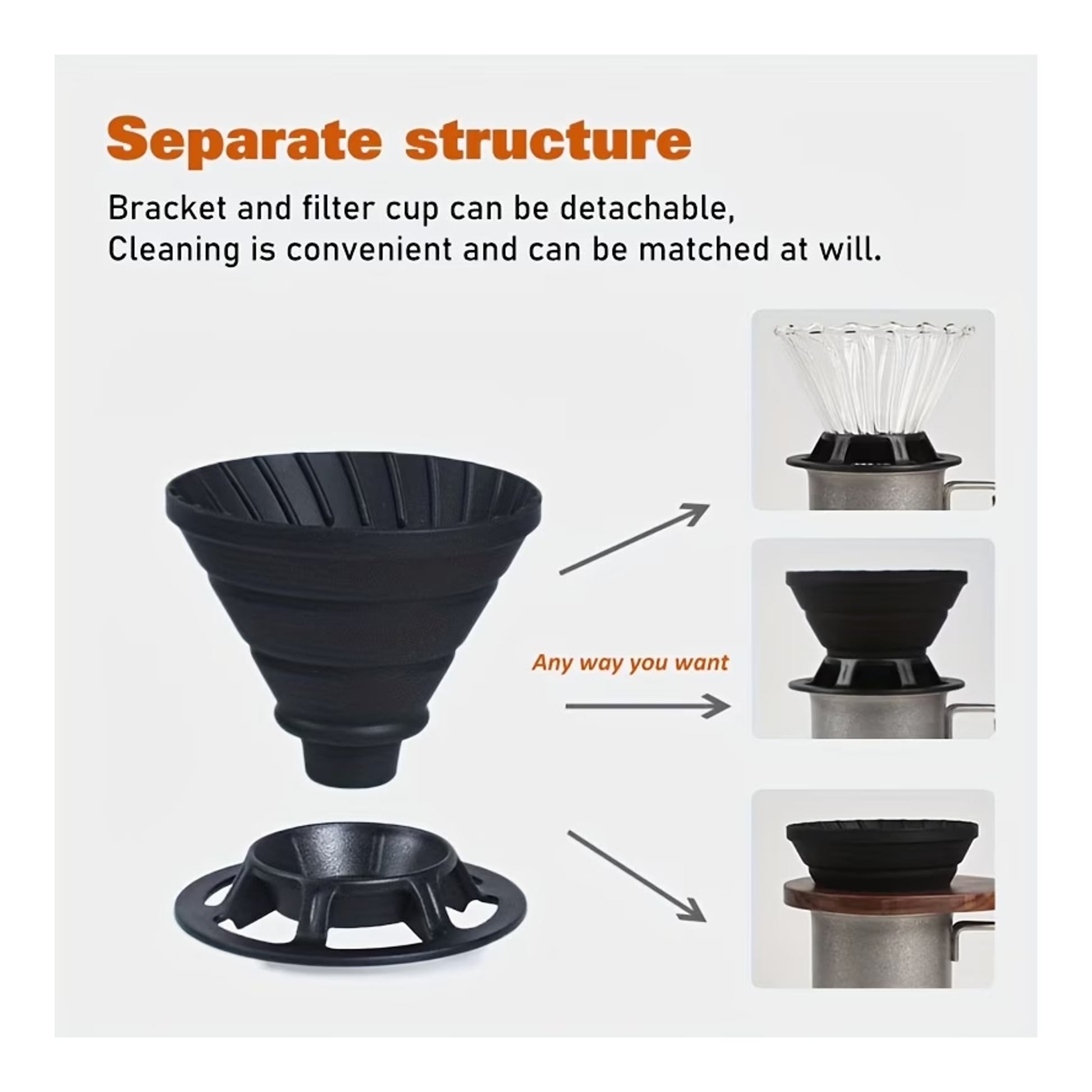 Black coffee filter with detachable bracket and filter cup on a white background