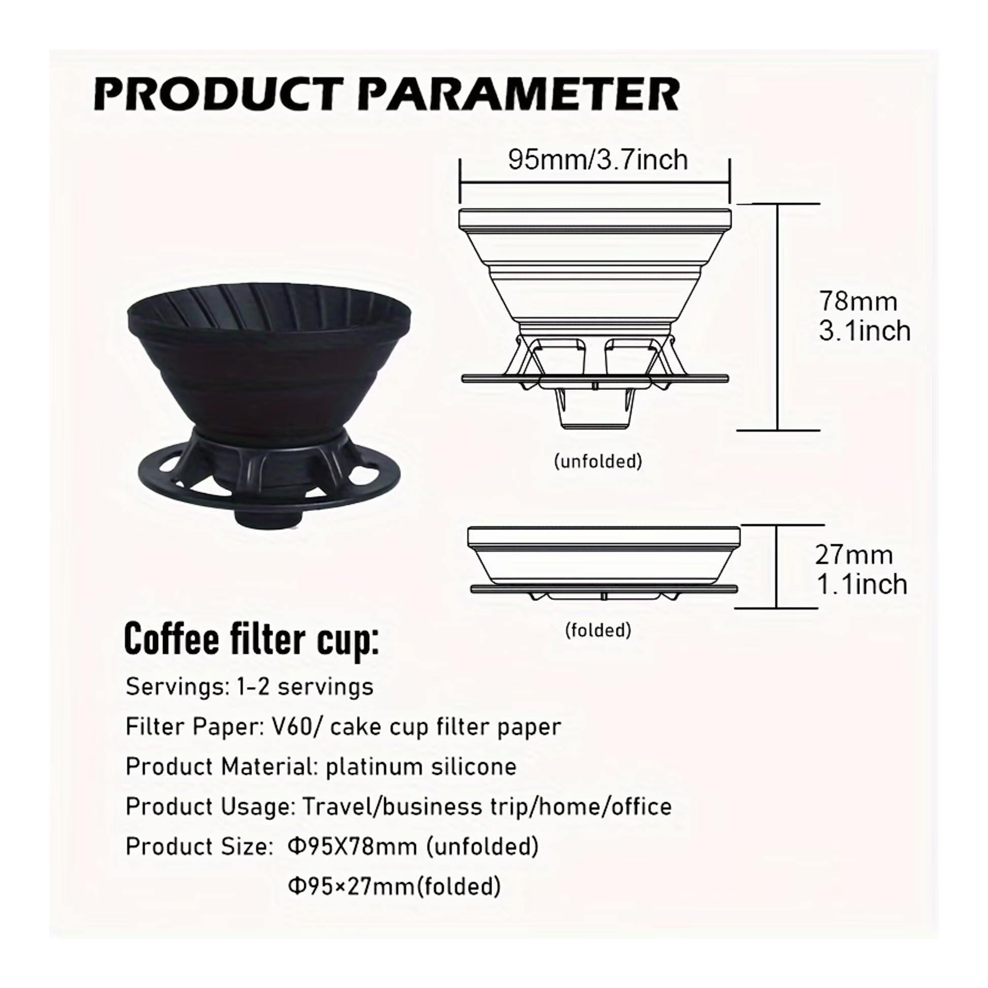 Coffee filter cup with dimensions and product parameters on a white background