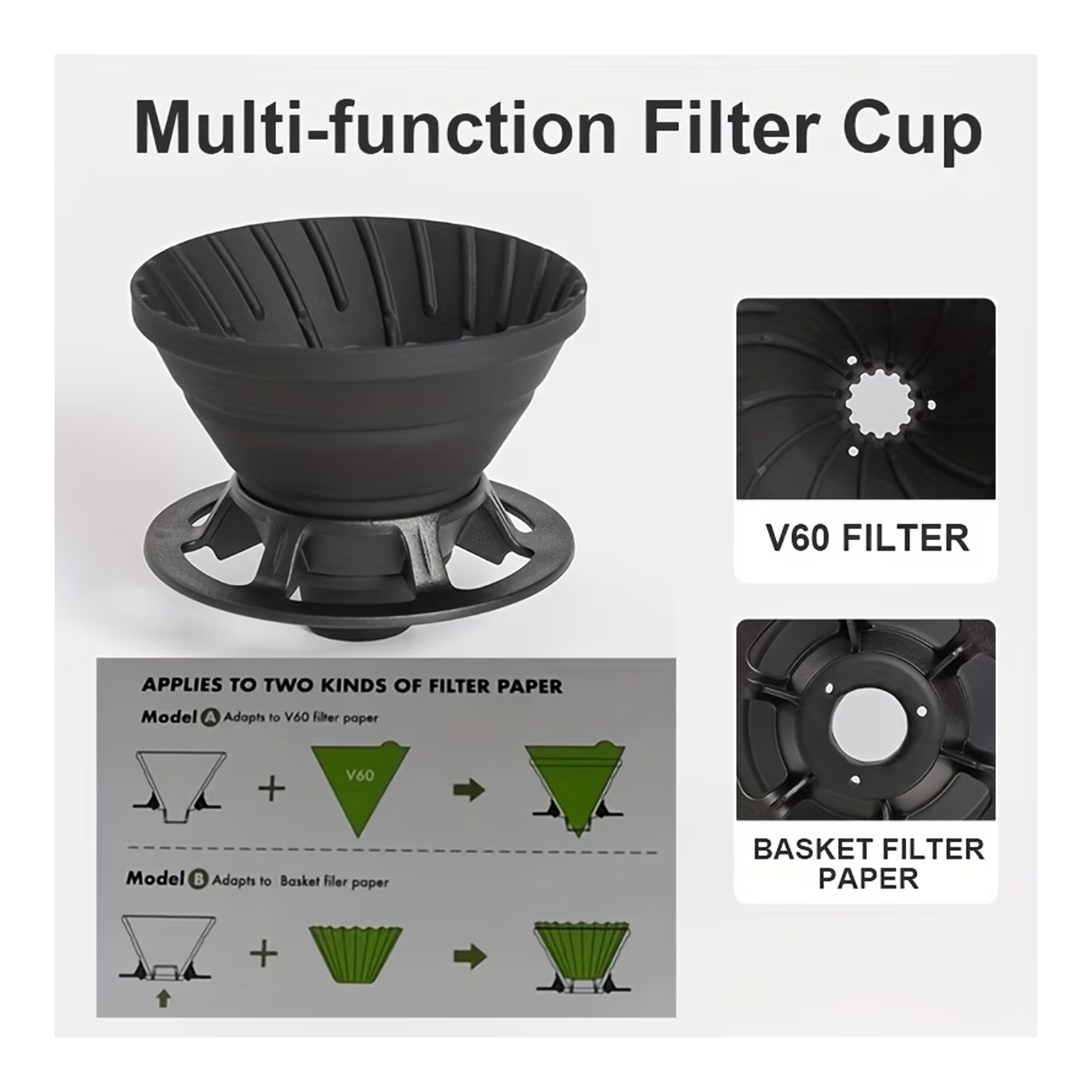 Multi-function filter cup with V60 and basket filter paper adaptations on a white background