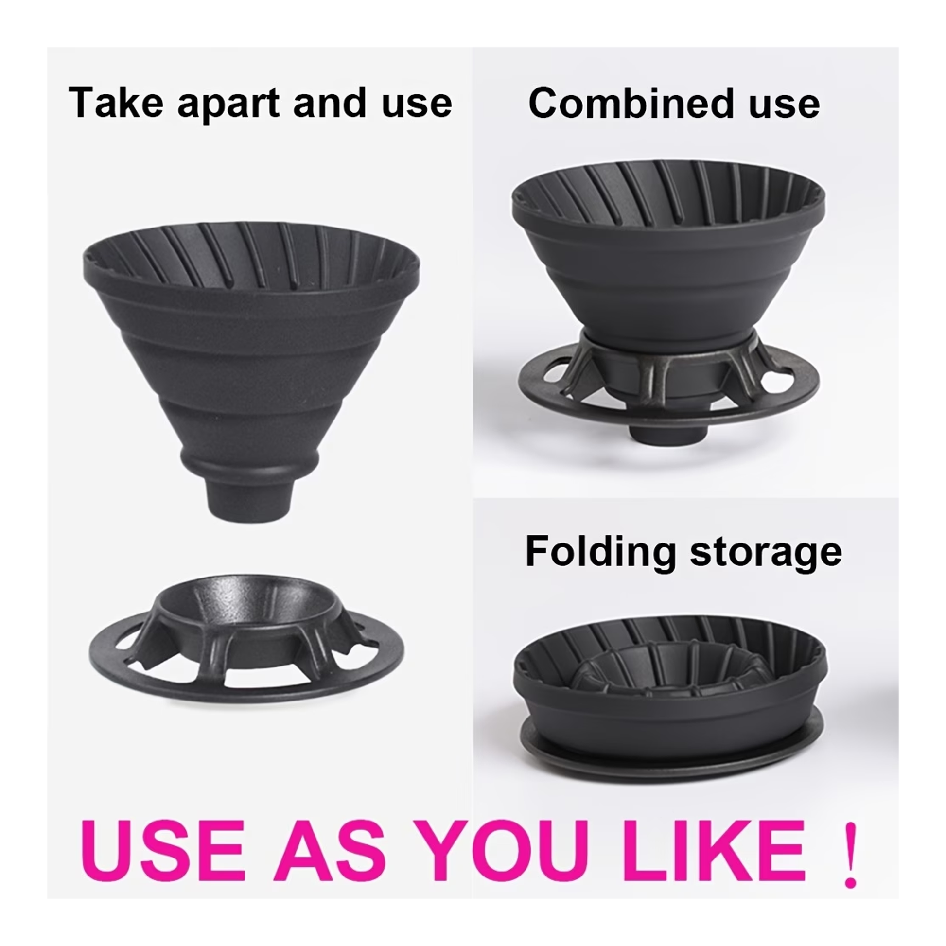 Black silicone funnel with features labeled on a white background