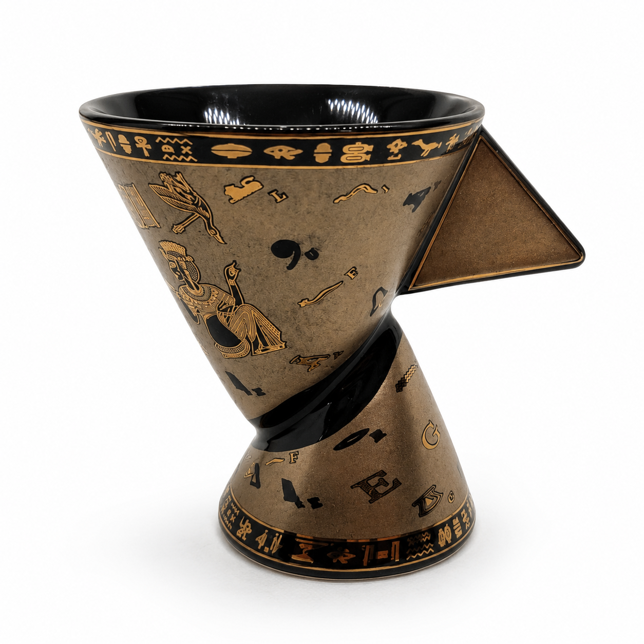 A sculptural, twisted ceramic coffee cup with a bronze finish and black accents, decorated with gold-toned ancient script and illustrations, shown on a white background.