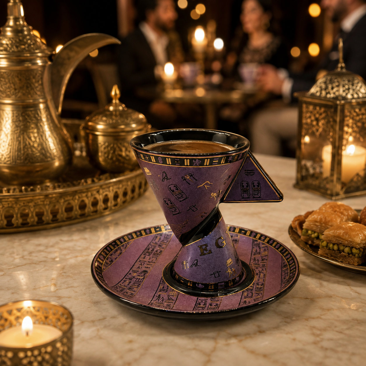 A purple and black Arabic coffee maker with gold calligraphic details sits on a marble table, surrounded by lit candles, traditional metal vessels, and pastries in a warm, softly blurred background.