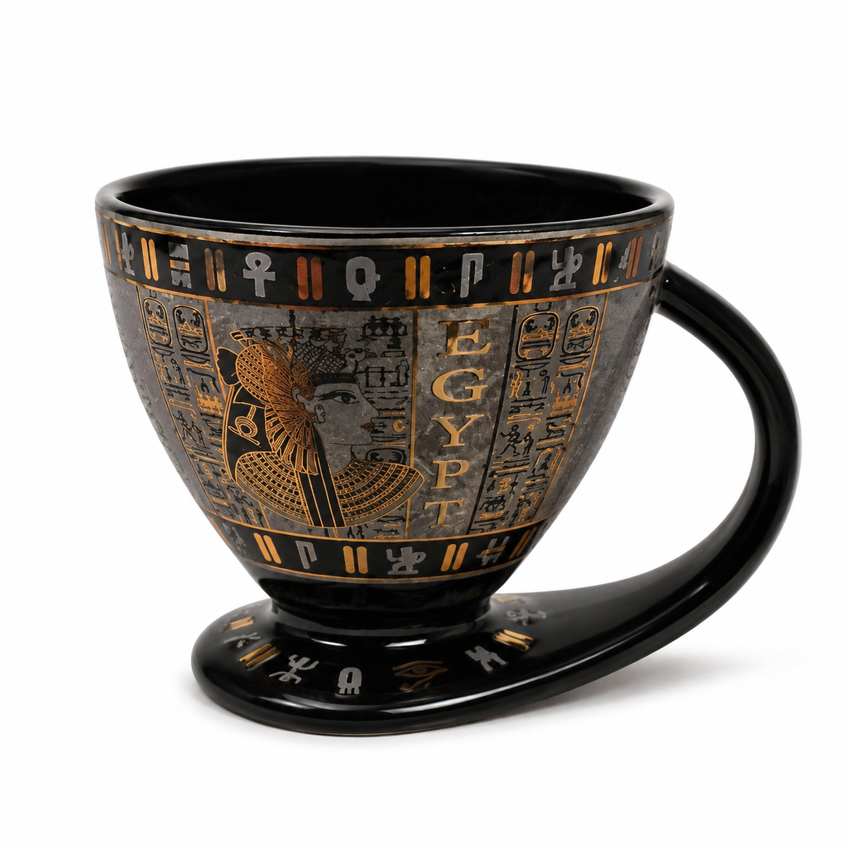Egyptian-Inspired Porcelain Espresso Cup with Integrated Base – 100 ml - Black & Gold Egyptian Queen