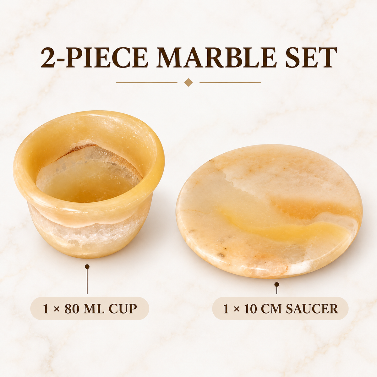 A 2-piece marble set featuring a small cup and a round saucer, shown on a light marble-textured background with text labels indicating sizes: 1 x 80 ml cup and 1 x 10 cm saucer.