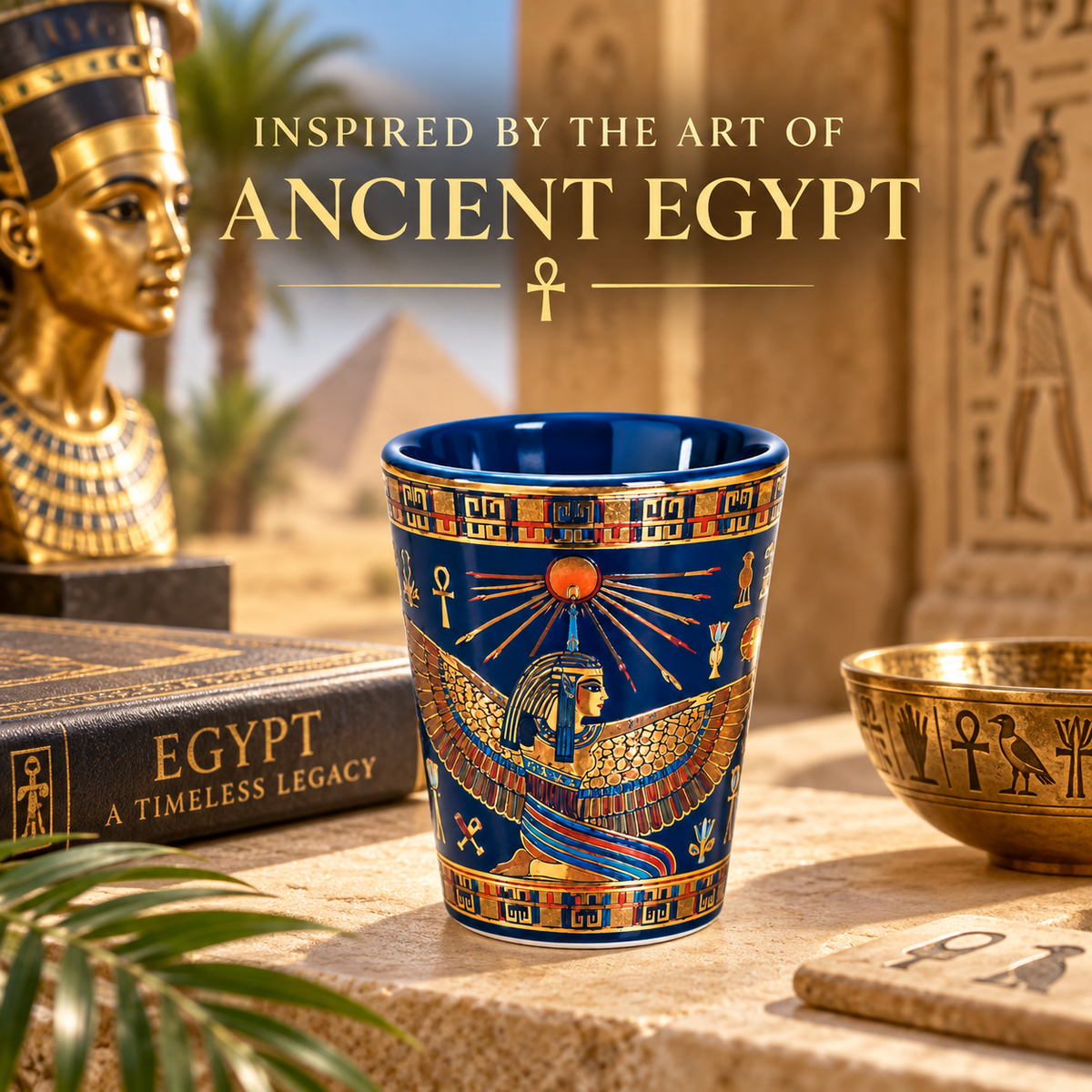 A blue ceramic shot glass decorated with gold and red ancient Egyptian motifs, including a pharaoh and hieroglyphs, set on a stone surface with an Egyptian bust, a book, and a bowl in the background. Text at the top reads 'INSPIRED BY THE ART OF ANCIENT EGYPT'.