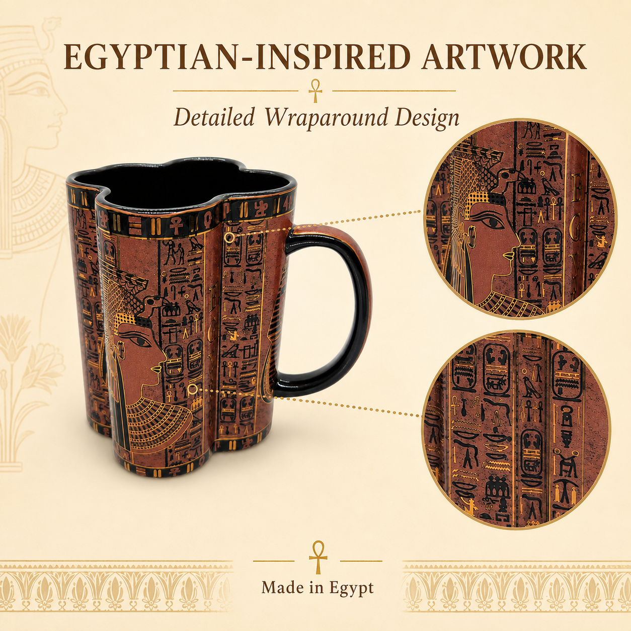 An Egyptian-inspired ceramic mug with a detailed wraparound design featuring hieroglyphics and a profile portrait, shown on a beige background with text and circular detail insets.