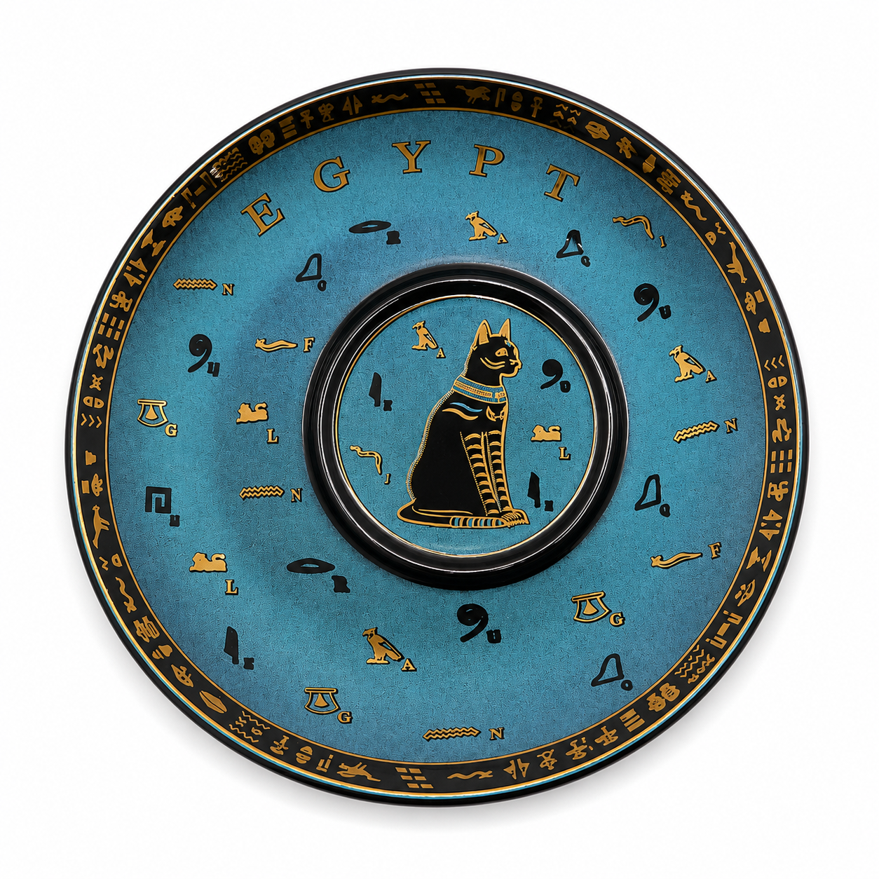 A decorative round ceramic plate featuring an Egyptian theme, with a turquoise blue background, gold hieroglyphs, and a black cat illustration in the center.