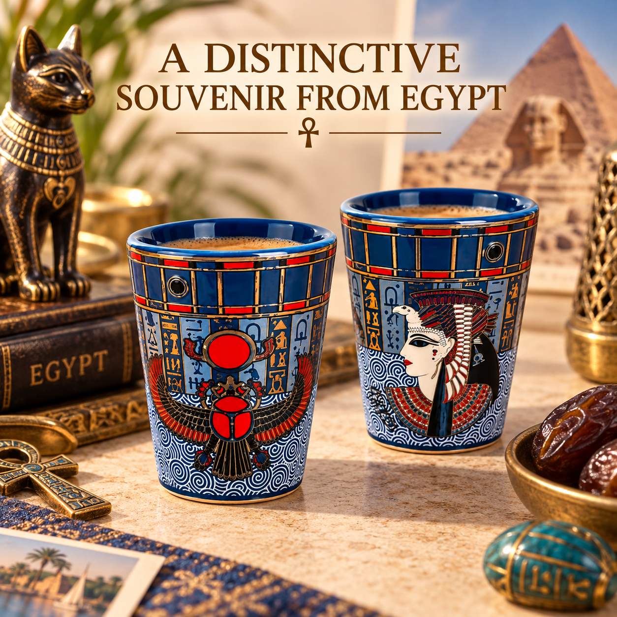 Two decorative souvenir cups with blue, red, and gold Egyptian-themed illustrations, set on a table with an Egyptian book, cat figurine, dates, and a pyramid backdrop. Text at the top reads 'A DISTINCTIVE Souvenir FROM EGYPT'.