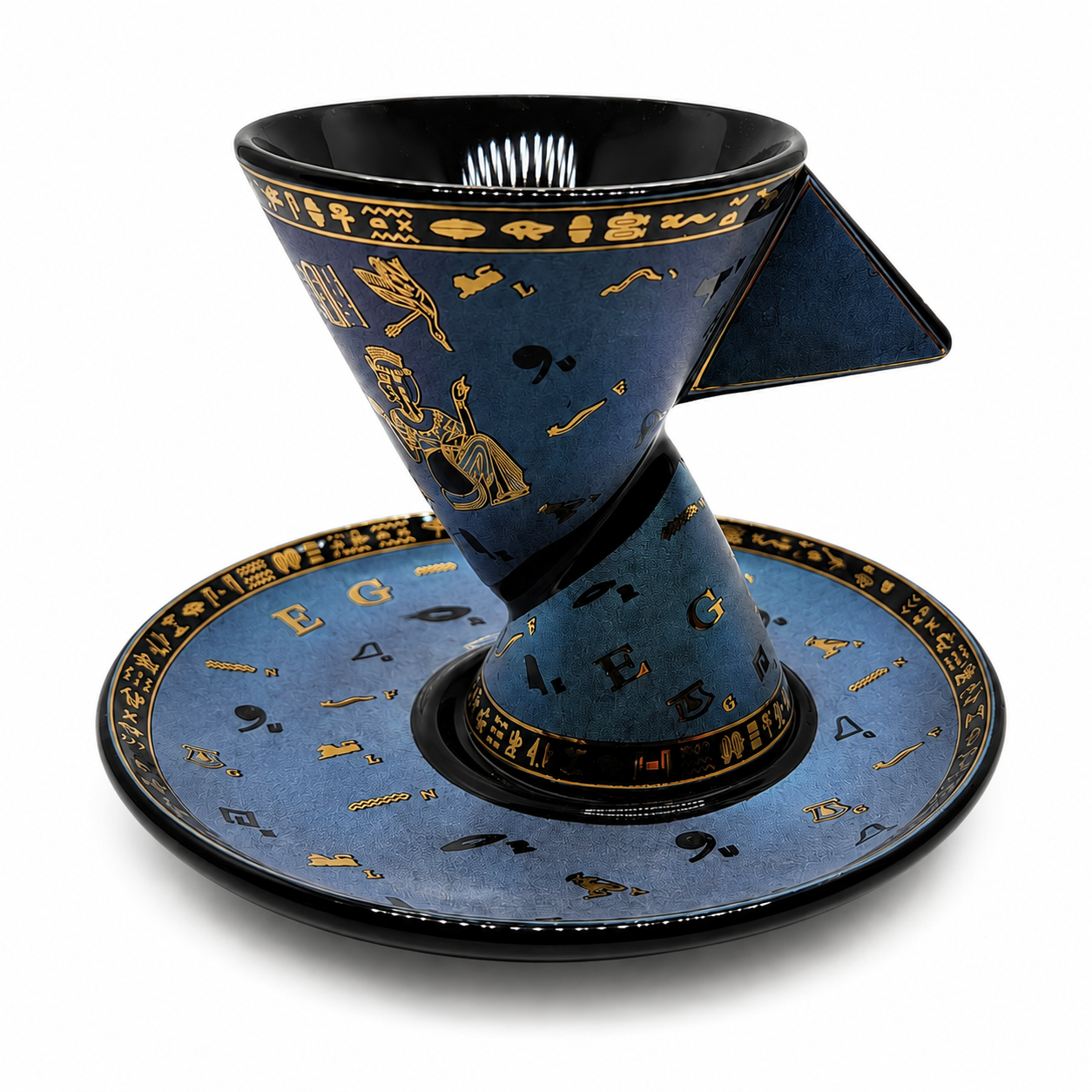 A ceramic cone shape coffee cup and matching saucer in a dark blue glaze with gold decorative illustrations and lettering, shown on a clean white background.