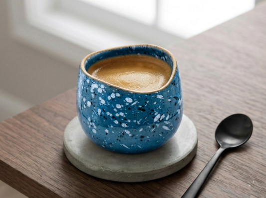 Blue speckled ceramic mug with a spoon on a wooden surface