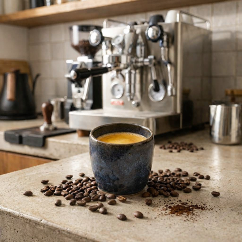 Espresso cup with coffee beans on a kitchen counter with an espresso machine in the background.