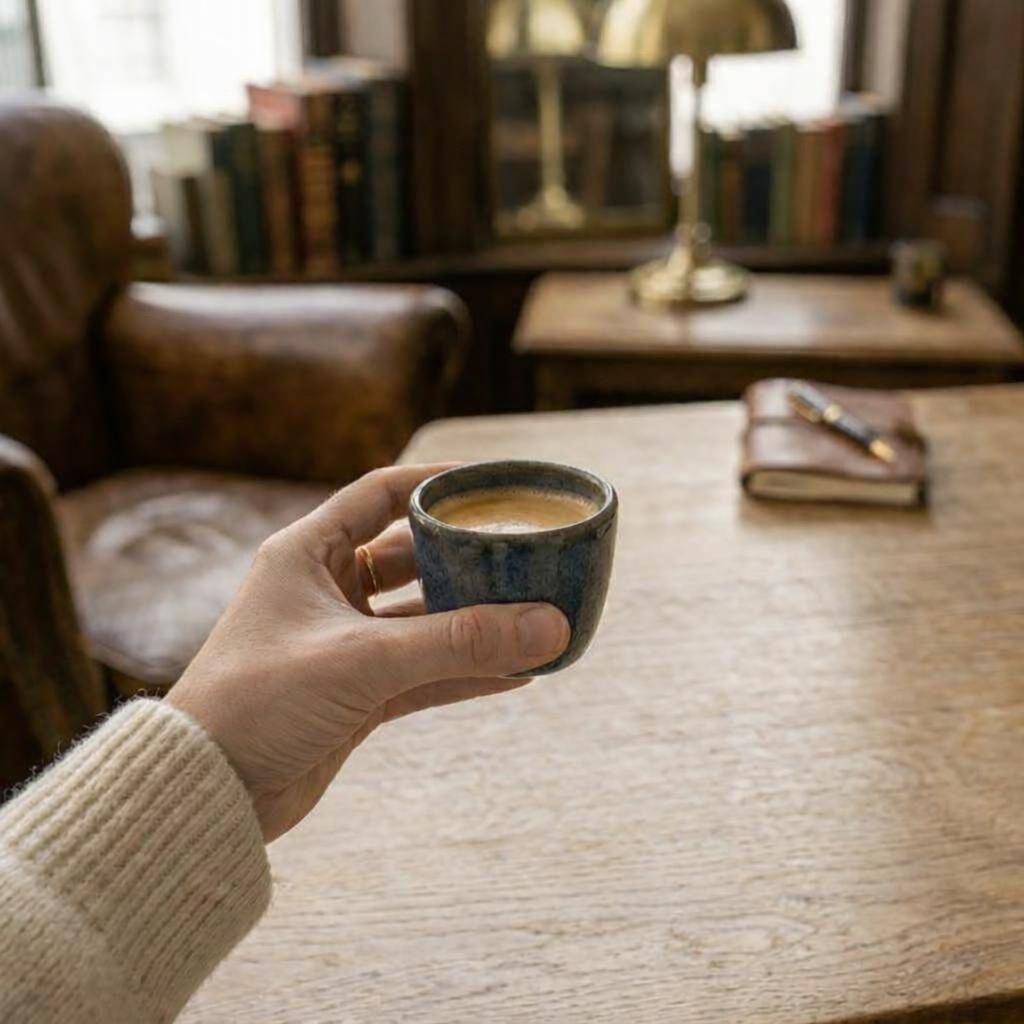 Hand holding a small cup of coffee in a cozy room with books and a lamp.