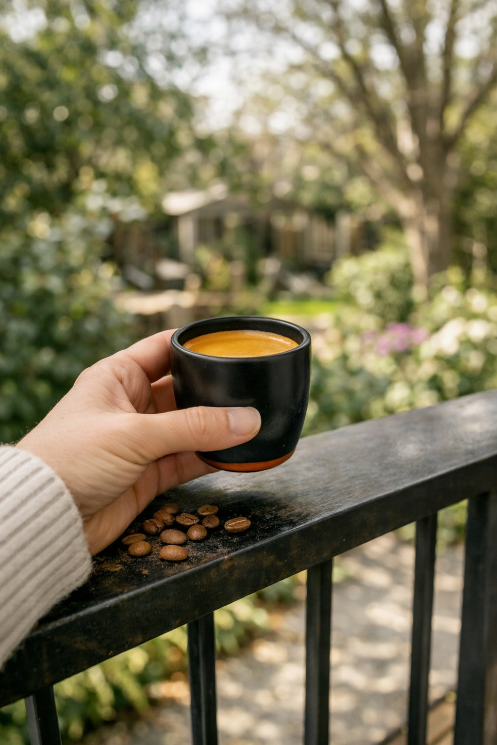 Hand holding a black espresso cup with coffee beans on a railing outdoors.