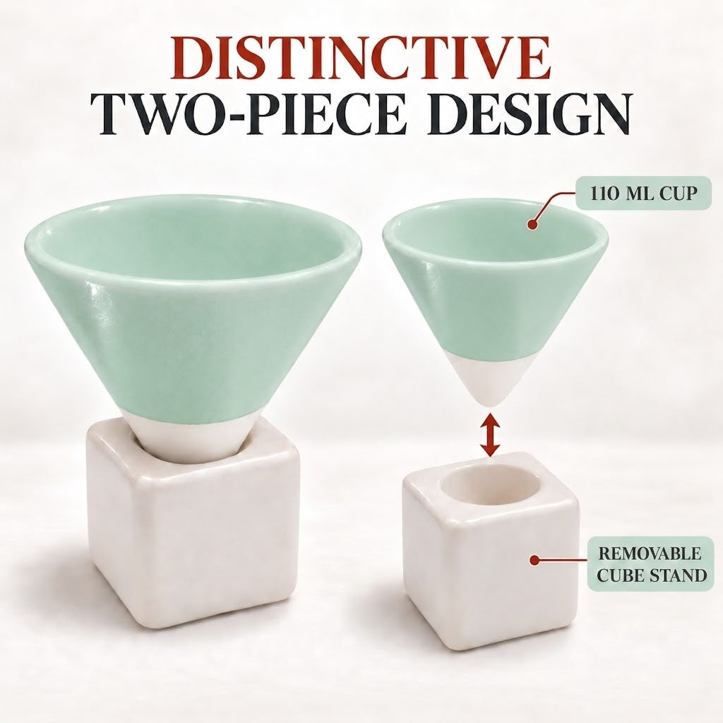 Handmade Egyptian Pottery Coffee Cup with Cube Stand – 110 ml - Mint Green & White