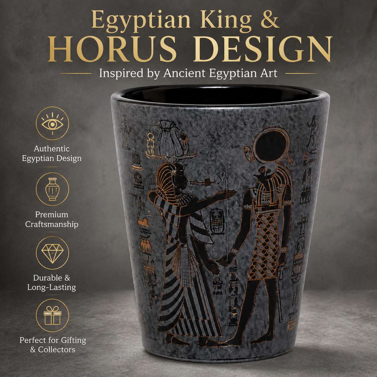 A dark gray ceramic cup featuring an ancient Egyptian design with black figures and gold hieroglyphs, set against a dark gray textured background with promotional text and icons.