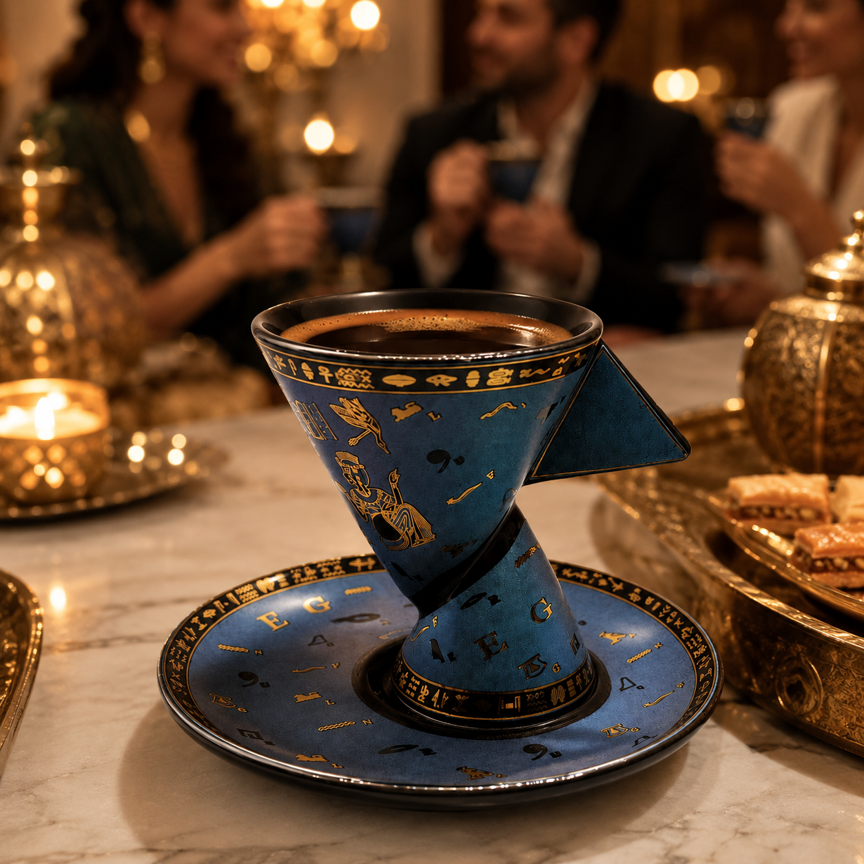 A blue and gold ceramic coffee up in a cone shape and saucer set on a marble table, with a softly blurred background of people holding cups in a warmly lit indoor setting.