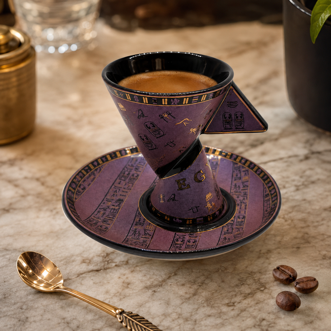 A purple and gold ceramic coffee set with hieroglyphic-style patterns, filled with espresso and placed on a marble surface with a gold spoon and coffee beans nearby.