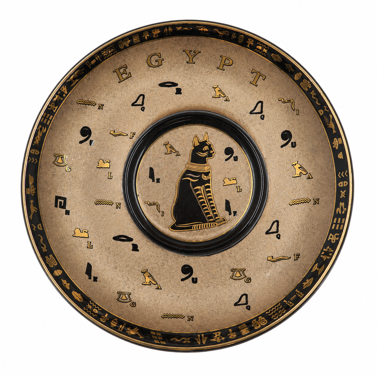 Egyptian-themed decorative sauce featuring a black cat in the center, surrounded by hieroglyphic symbols and the word 'EGYPT' on a textured beige background with a black outer border.au