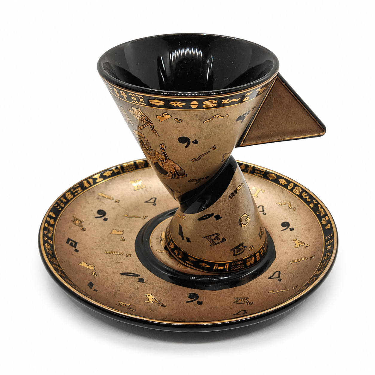 A vintage-style ceramic coffee cuptfeaturing a conical shape and matching saucer with a black and gold design, photographed on a clean white background.