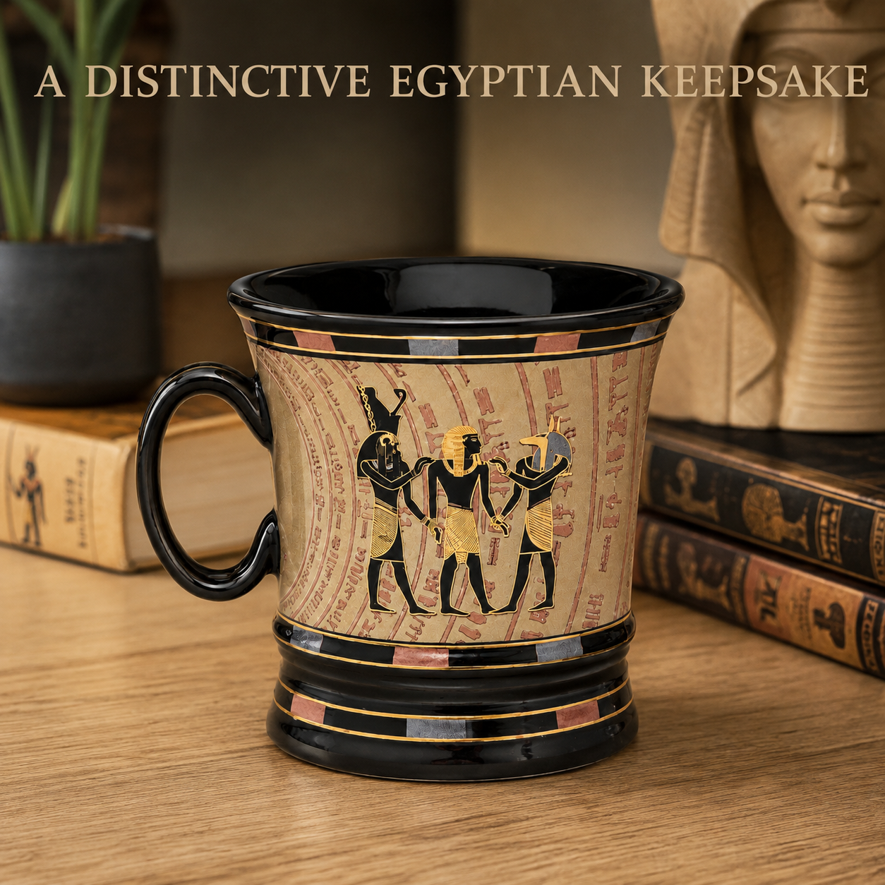 A black ceramic mug with an ancient Egyptian design, featuring a beige papyrus background with black figures and gold accents, displayed on a wooden table with books and a statue in the background.