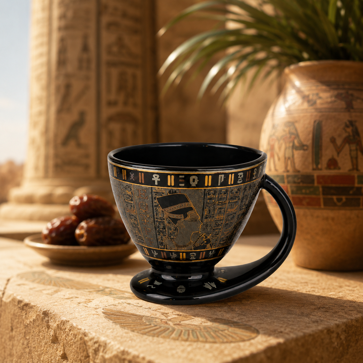 An Egyptian-themed ceramic mug with a black glaze and gold hieroglyphic designs, styled on a stone surface with a clay pot, dates, and columns in the background.