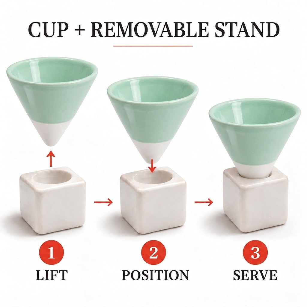 Handmade Egyptian Pottery Coffee Cup with Cube Stand – 110 ml - Mint Green & White