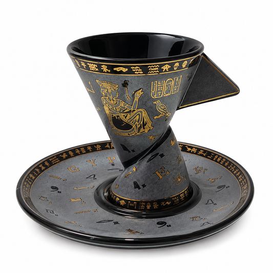 A black and gold ceramic pour-over coffee set with a matching saucer, featuring Egyptian-themed illustrations and hieroglyphic symbols.