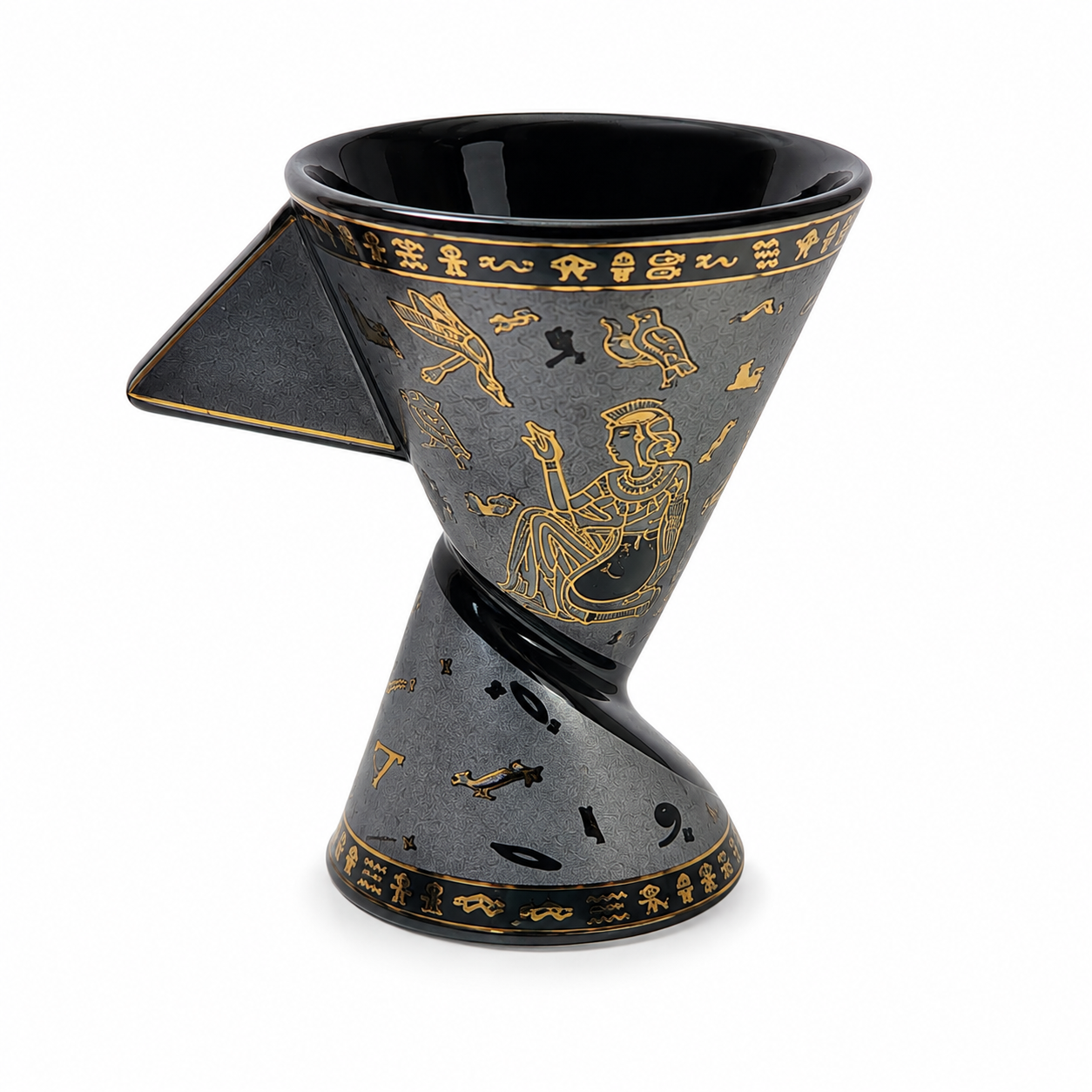 A black and gray ceramic Greek-style krater with gold painted details, including a seated figure and hieroglyphic symbols, shown on a white background.
