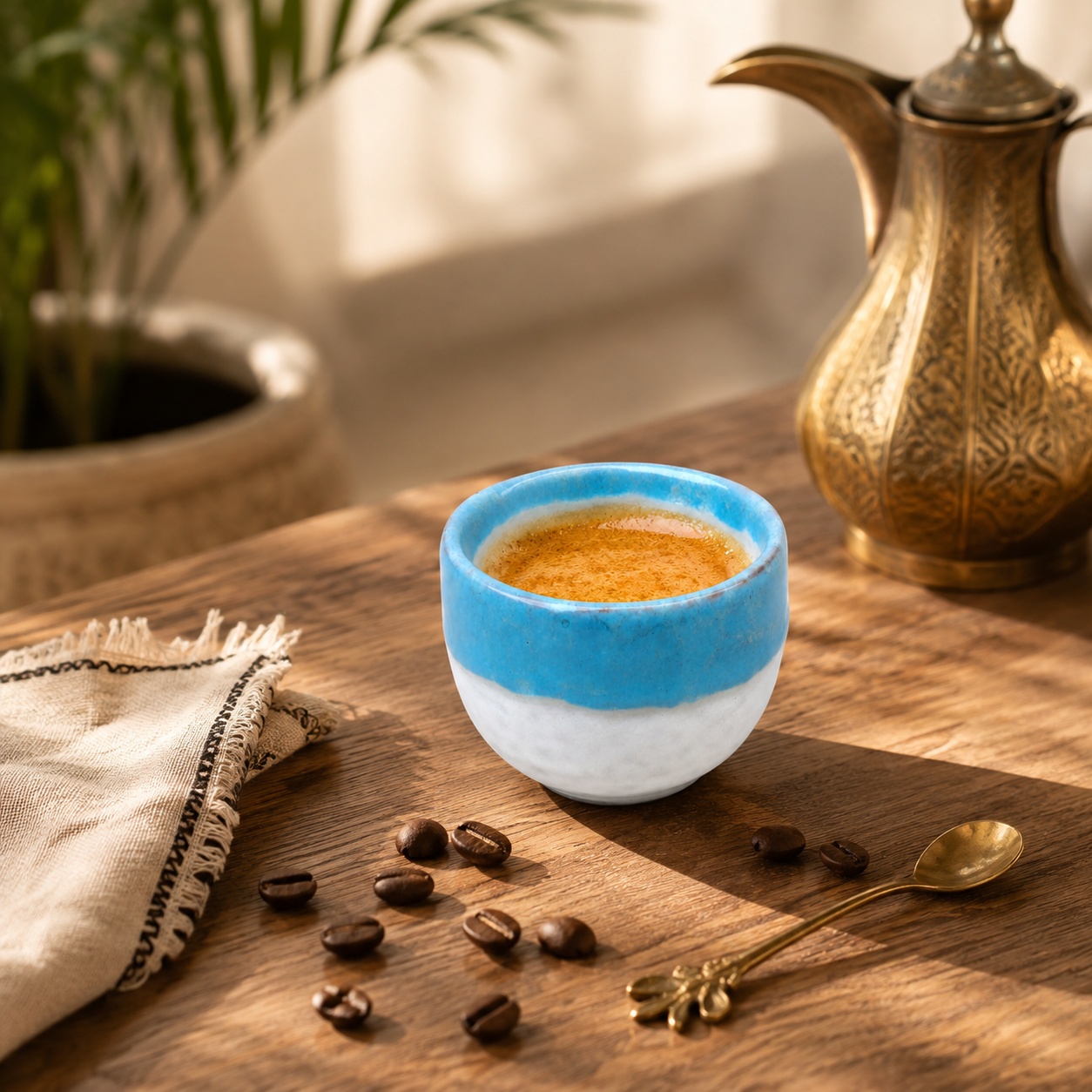 A small ceramic cup with a bright blue top half and white bottom half filled with espresso, set on a wooden table with scattered coffee beans, a spoon, a napkin, and a brass coffee pot in the background.