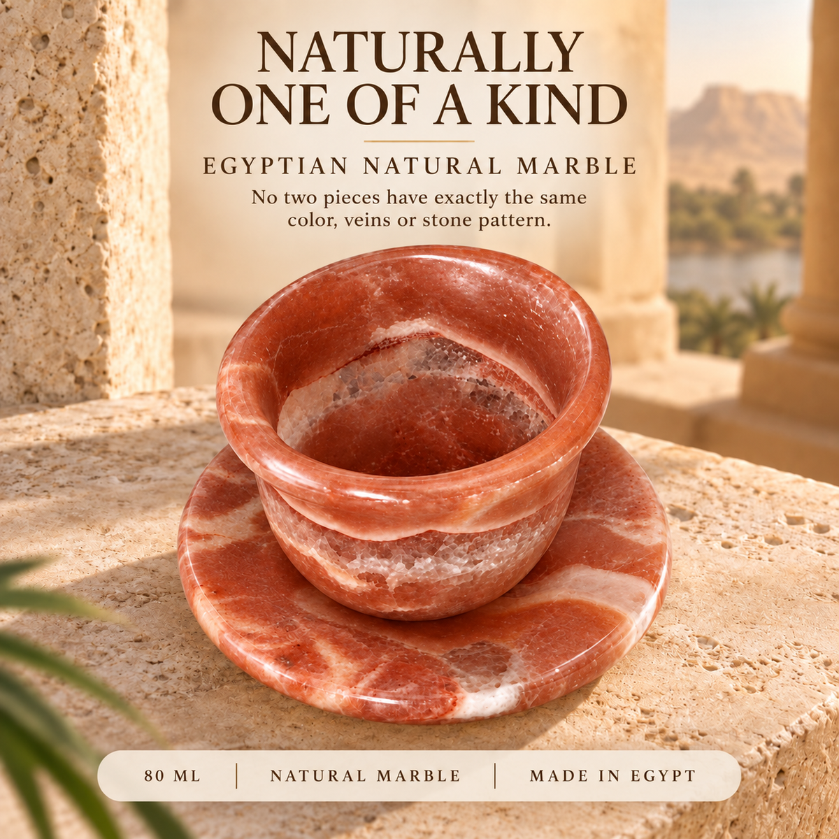 Natural Egyptian Marble Coffee Cup & Saucer – 80 ml – Coral Red & White