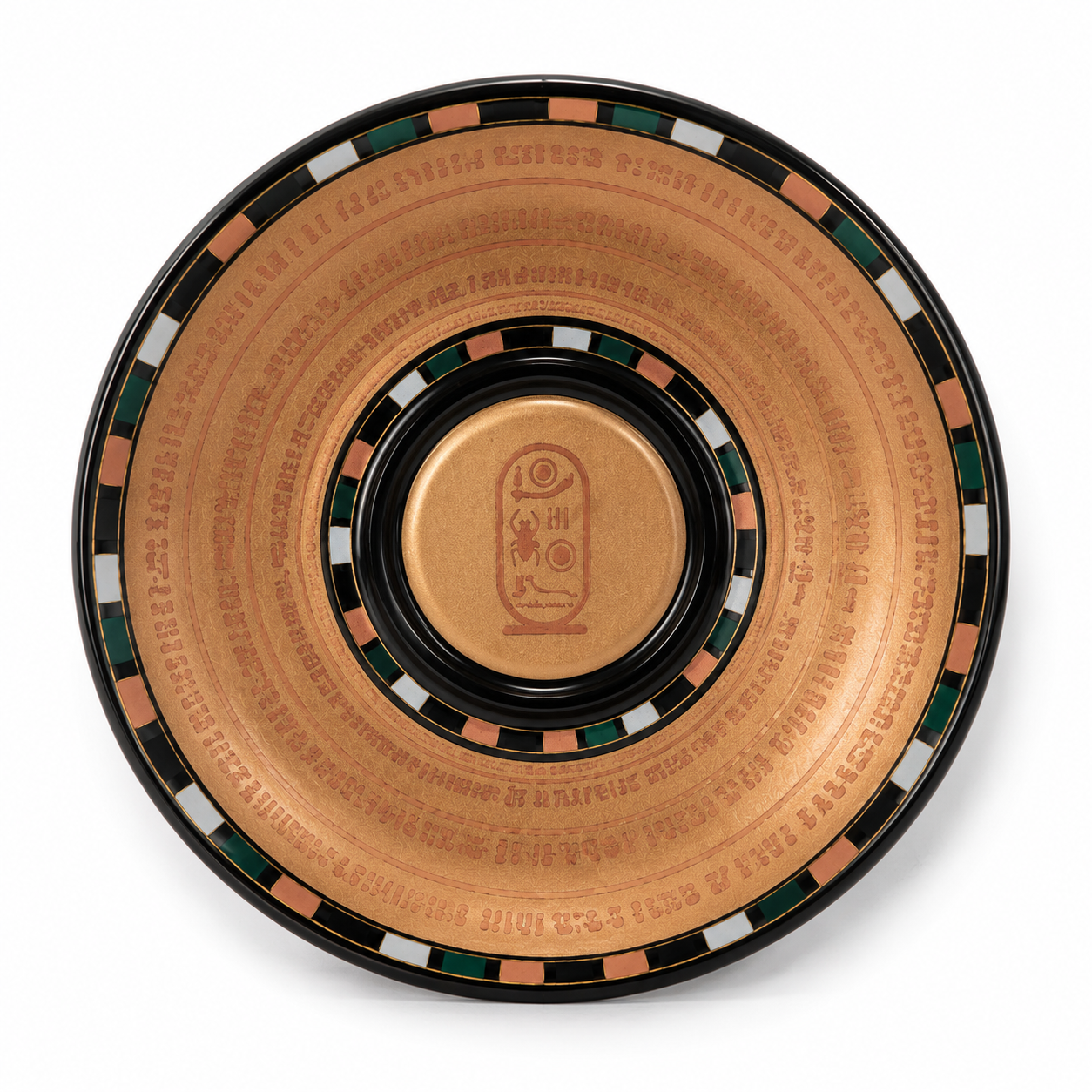 A circular decorative plate or tray with a warm metallic copper-gold center and concentric rings, bordered by black, green, white, and copper segments, photographed on a clean white background.