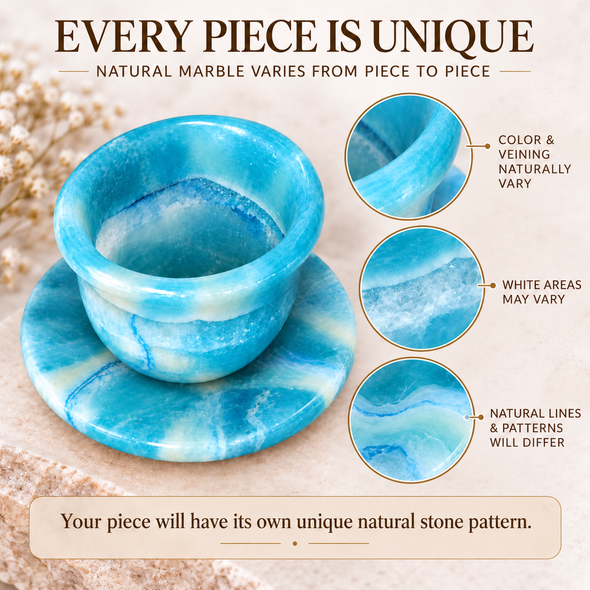 A blue and white marbled stone cup with a matching saucer on a beige textured background, with marketing text and three circular inset close-ups explaining natural color variation in the stone.