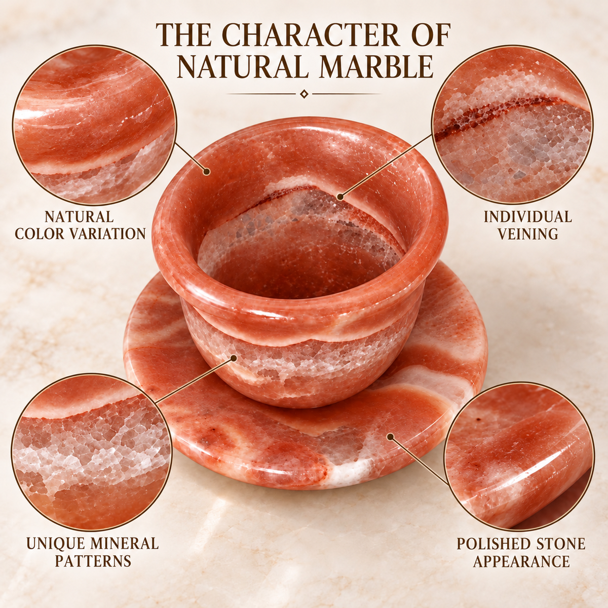 Natural Egyptian Marble Coffee Cup & Saucer – 80 ml – Coral Red & White