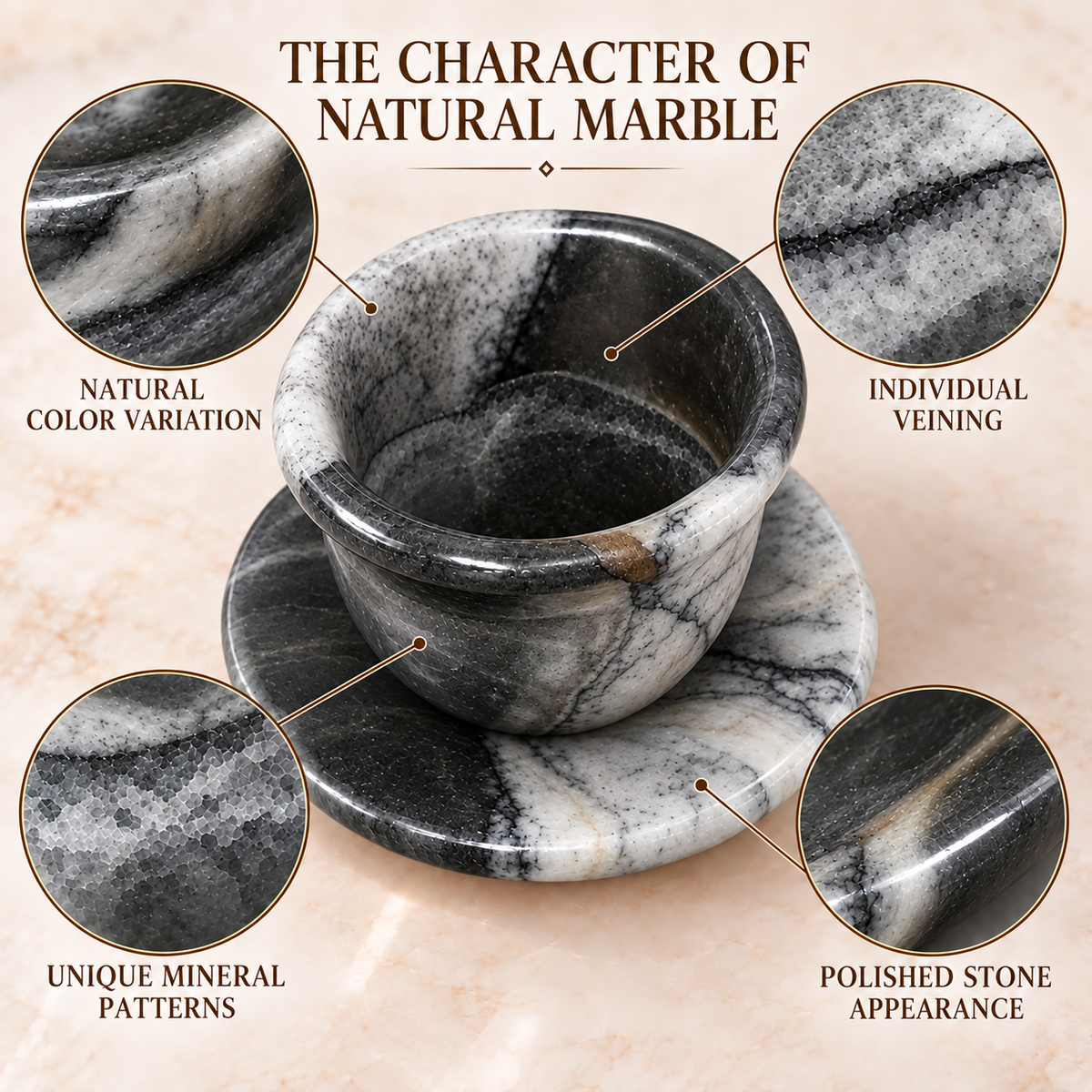 A polished stone mortar and pestle set on a matching saucer, shown with four circular callout insets labeled Natural Color Variation, Individual Veining, Unique Mineral Patterns, and Polished Stone Appearance under the heading 'The Character of Natural Marble.'.