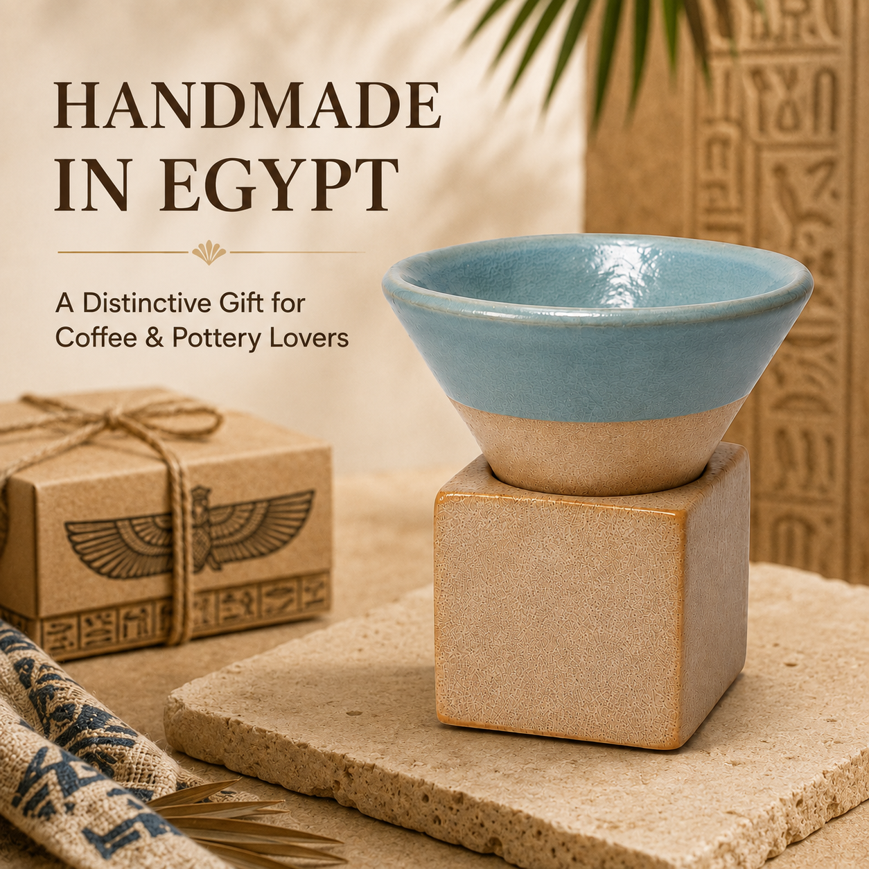 A handmade ceramic coffee cup with a light blue glazed top half and a textured beige bottom half, displayed on a matching beige cube. The scene is styled with a brown gift box, a stone slab, and warm background elements, with text reading 'HANDMADE IN EGYPT'.