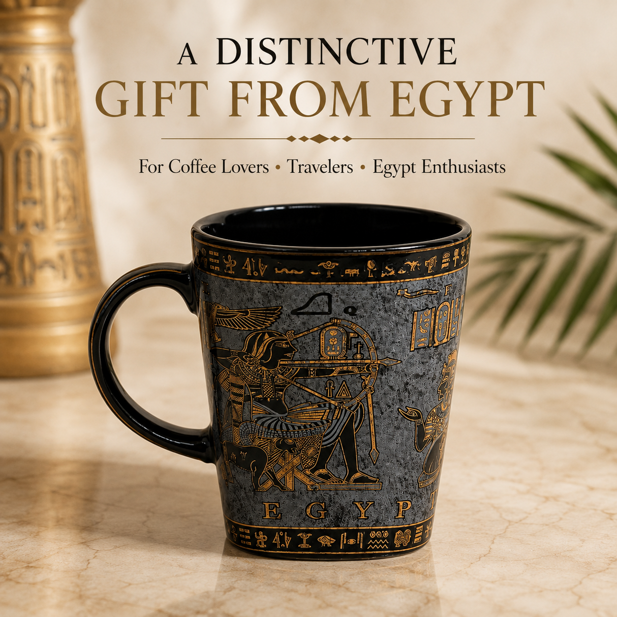 A dark gray and black ceramic mug with gold Egyptian hieroglyphic illustrations, displayed on a marble surface with a blurred gold-toned vase and green leaves in the background. Text at the top reads 'A DISTINCTIVE GIFT FROM EGYPT'.