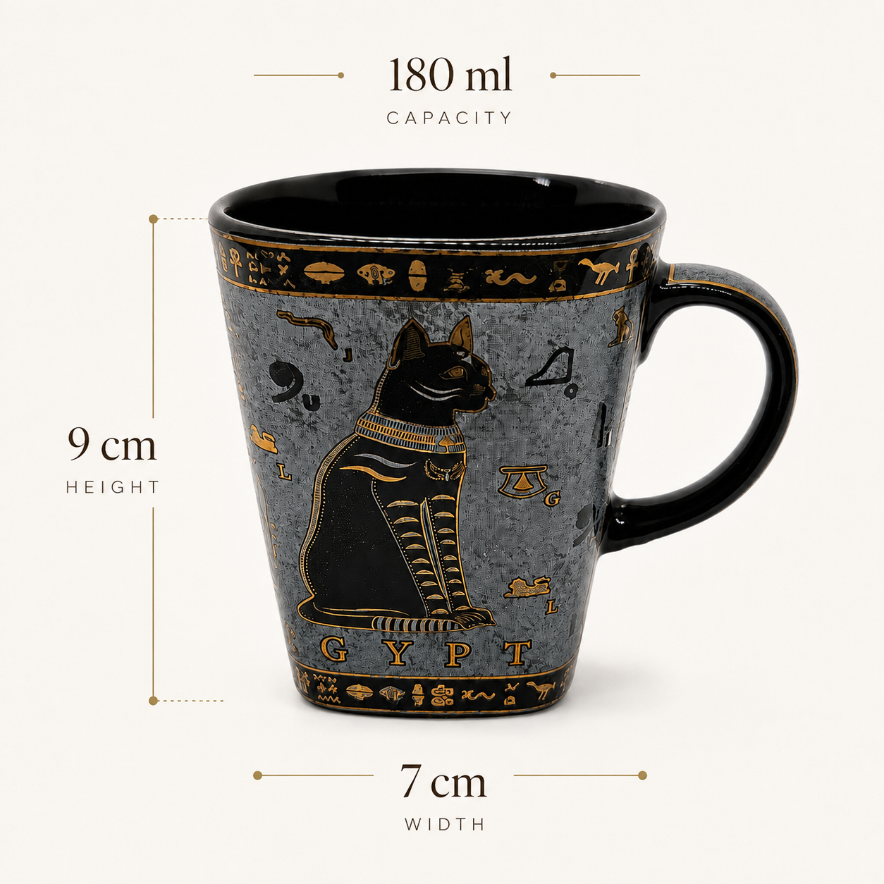 A gray ceramic mug with a black interior and handle, decorated with gold hieroglyphic details and a black cat illustration. The image includes dimension labels showing 180 ml capacity, 9 cm height, and 7 cm width on a light beige background.