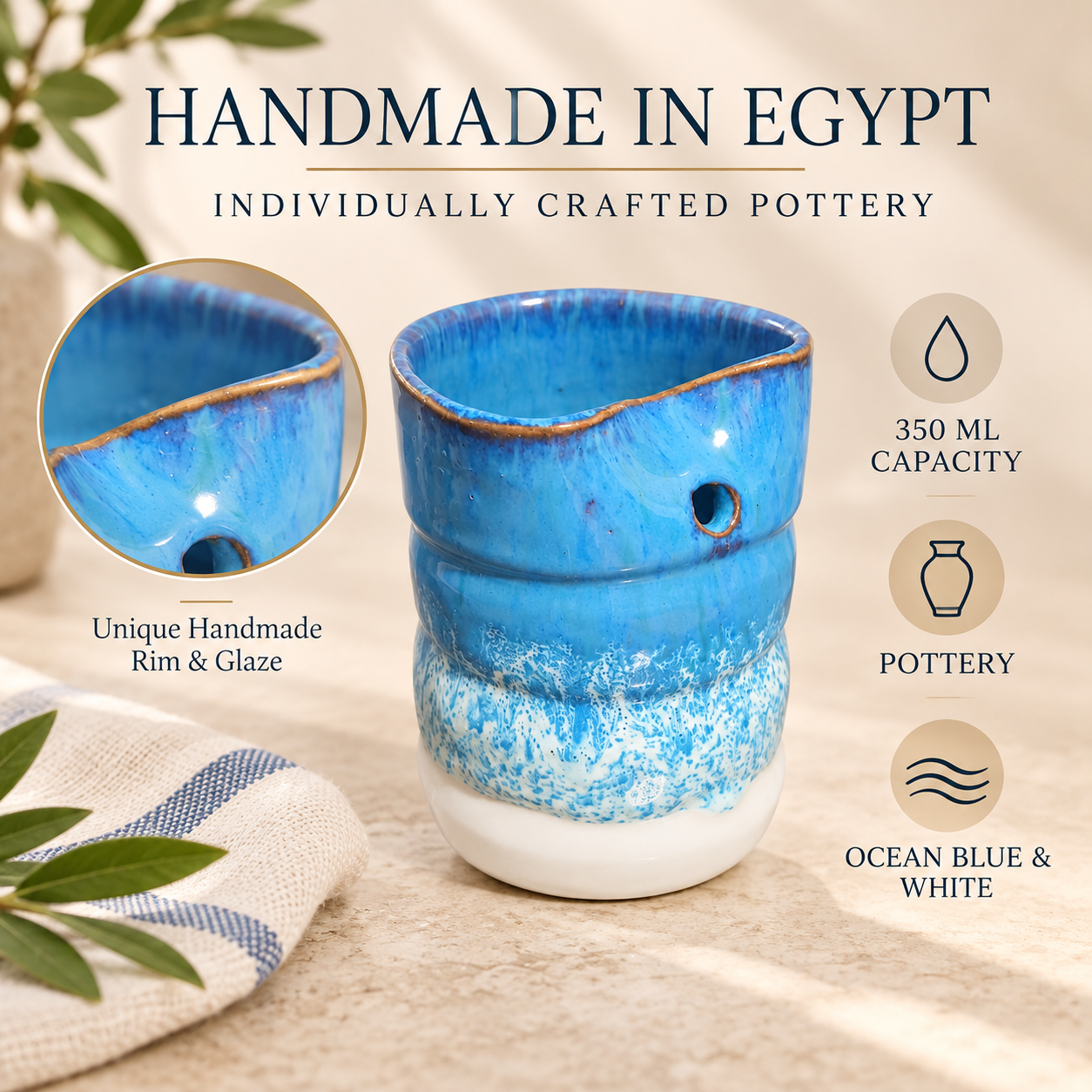 A handmade ceramic potpourri holder with a textured blue and white glaze, featuring a small hole on the side for fragrance release. The image includes text overlays highlighting its Egyptian craftsmanship, 350 ml capacity, and ocean blue and white color story, alongside a circular inset showing the unique handmade rim and glaze detail.