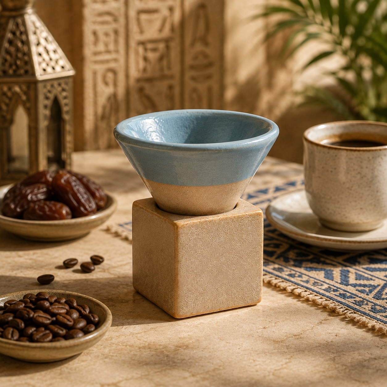 A ceramic coffee cup with a light blue top and beige bottom, displayed on a square beige pedestal. The scene is styled with coffee beans, coffee cups, dates, and a lantern in a warm, rustic setting.