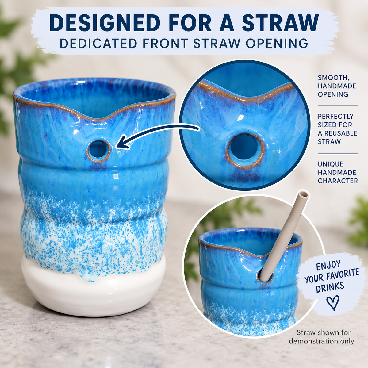 A blue and white ceramic reusable drink holder designed for a straw, shown on a light marble surface with text callouts and circular detail insets highlighting the straw opening and speckled glaze.