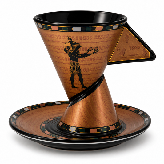 An Egyptian-themed ceramic coffee dripper and saucer set, featuring a copper-toned body with black hieroglyphs, a black silhouette of an ancient figure, and black rim detailing, shown on a white background.